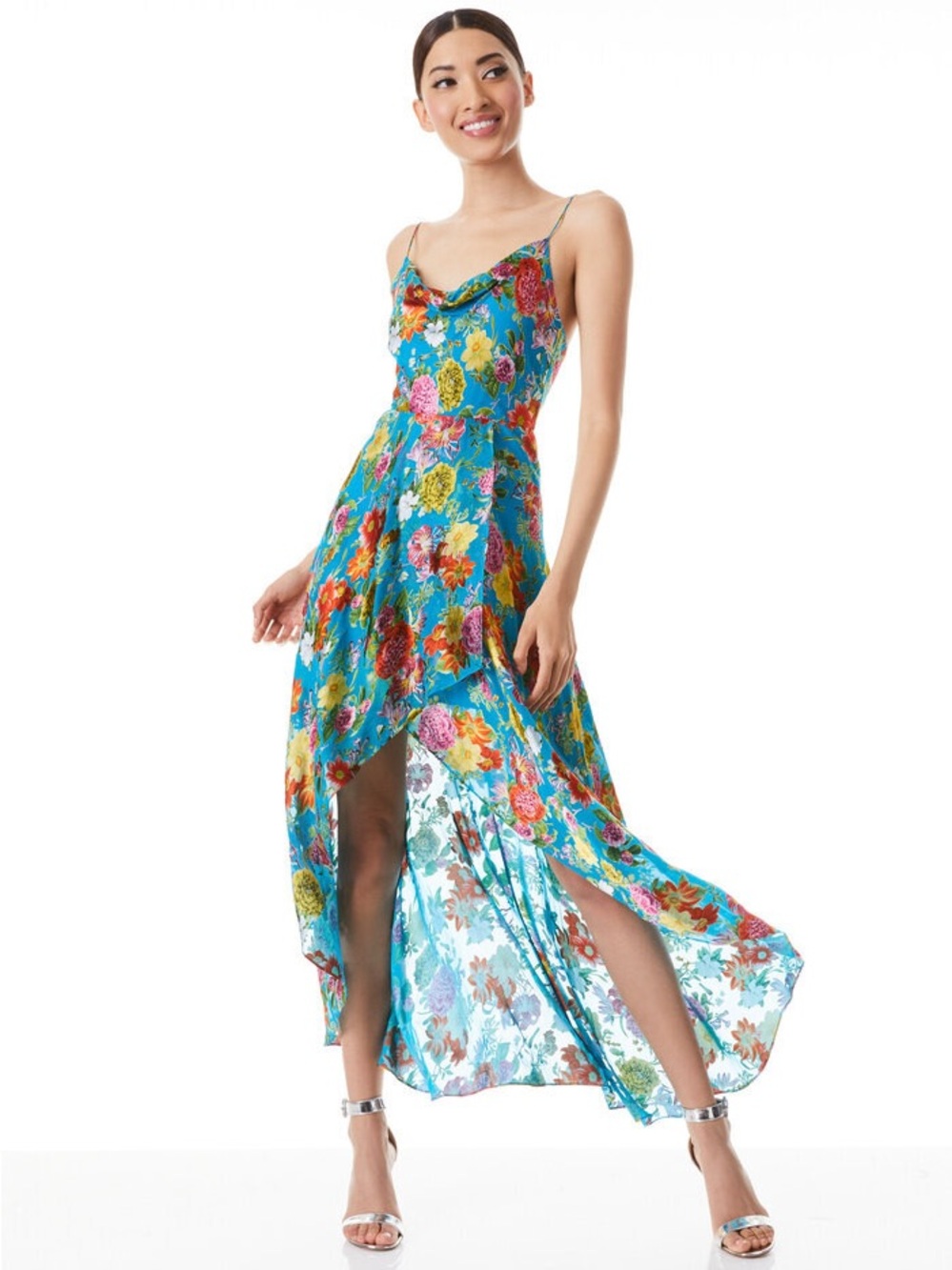 Alice + Olivia Turquoise Floral High-Low Slip Dress with Multicolor Bloom